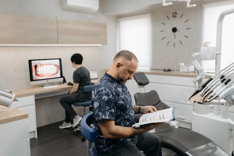 A dental professional reads a brochure while another works on a computer in a contemporary clinic.